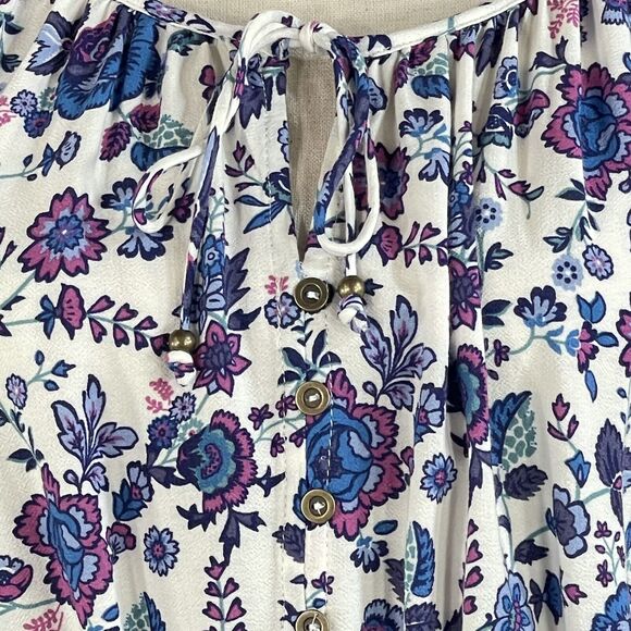 Joie Medium Crop Top Boho Floral Balloon Sleeves Keyhole Neck Elastic Waist Blue - Picture 2 of 8